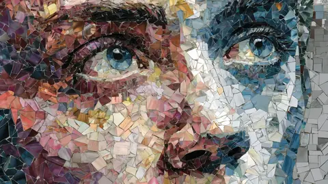A portrait formed from shattered mirror fragments, many bounded facets.