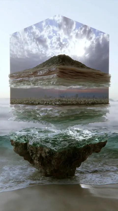A landscape stacked like layers of paper, sky over mountain over city.