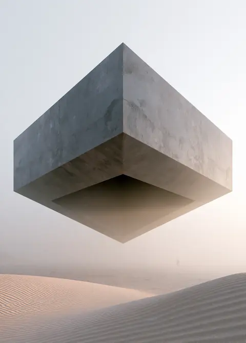 A massive monolith floating above fog, a structure set against open space.