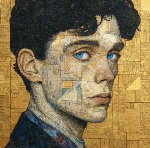 A portrait of a young man with clear blue eyes, gaze steady.