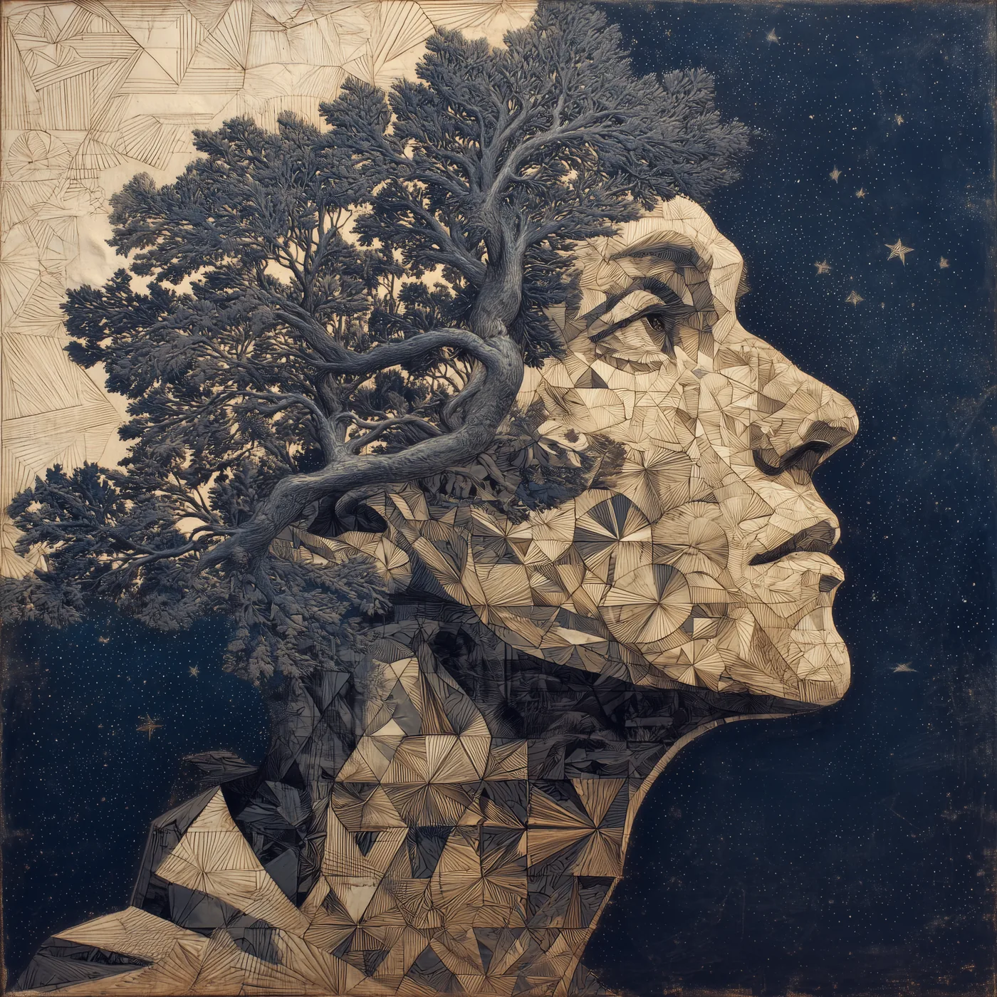 A profile of a human face built from pale geometric facets, with a living tree growing from the head into a starlit night sky. The mind and the forest are one figure.